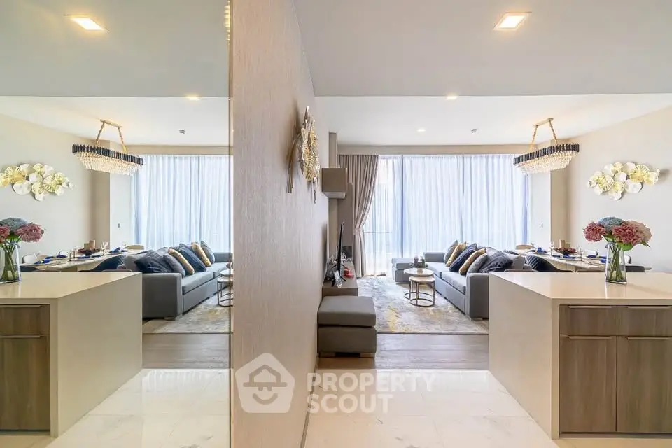 Luxurious modern living room with elegant decor and spacious seating area