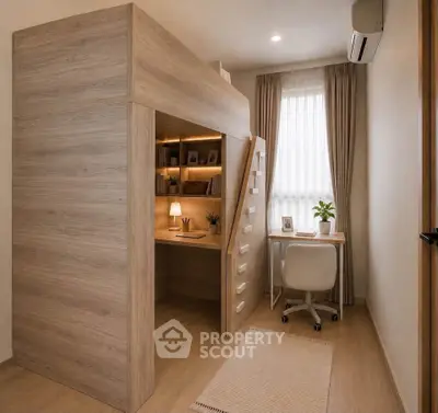 Modern study room with loft bed and workspace, featuring natural wood finishes and cozy lighting.