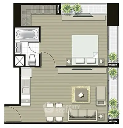 Modern apartment floor plan with open living area and bedroom