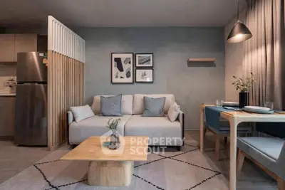 Modern living room with stylish decor, cozy sofa, and dining area in open layout apartment.