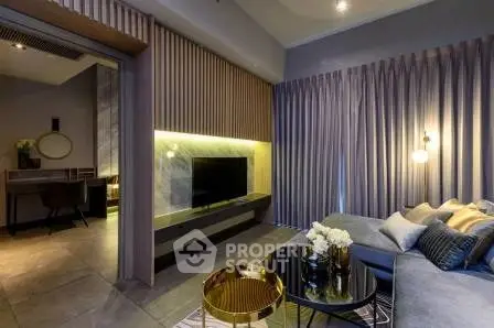 Luxurious modern living room with elegant decor and ambient lighting