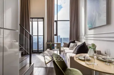 Luxurious high-rise living room with stunning city view and elegant decor