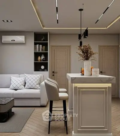 Modern living room with stylish decor and cozy seating area