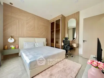 Modern bedroom with stylish wood paneling and elegant decor