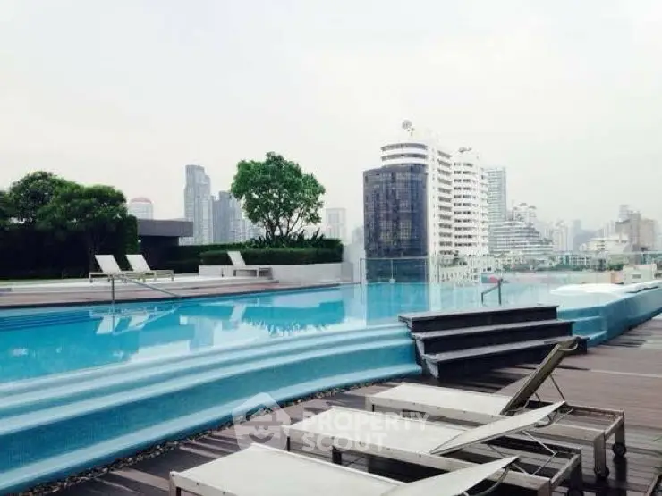 Luxurious rooftop pool with stunning city skyline views and modern lounge chairs.