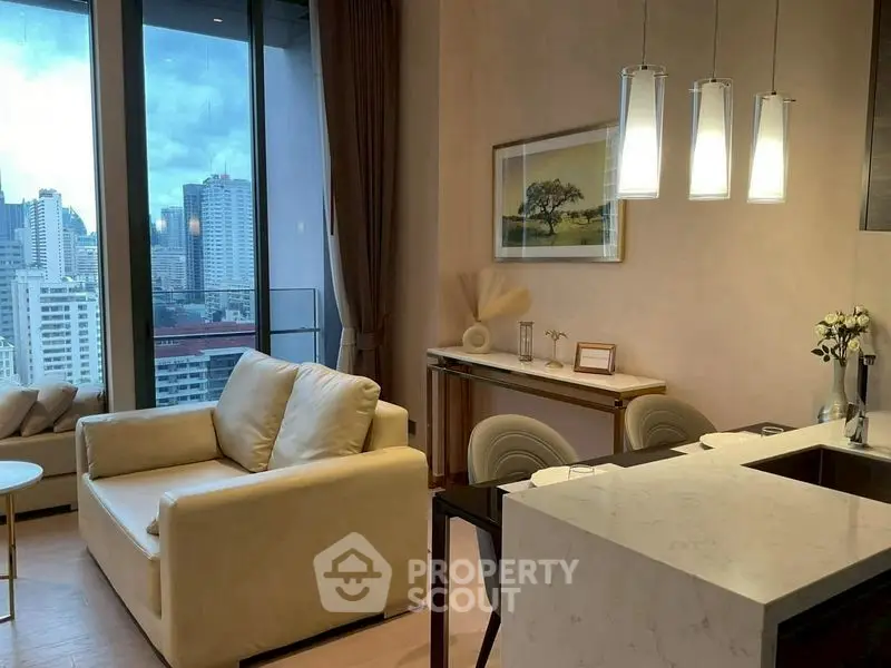 Modern living room with city view and elegant decor