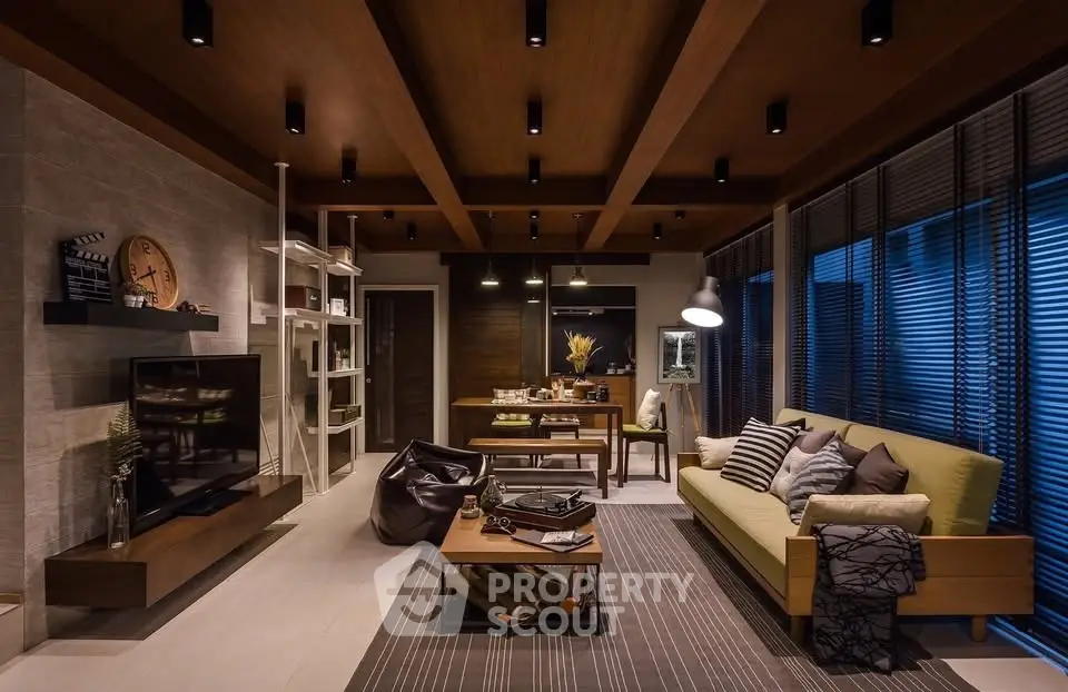 Luxurious modern living room with stylish decor and ambient lighting