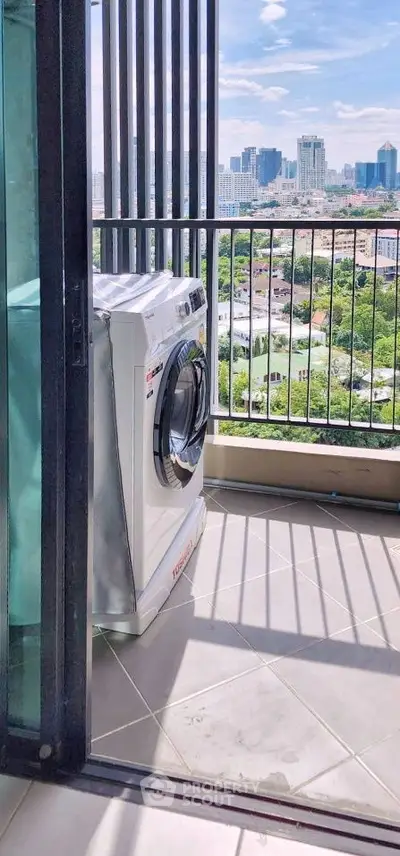 Modern balcony with washing machine and stunning city skyline view