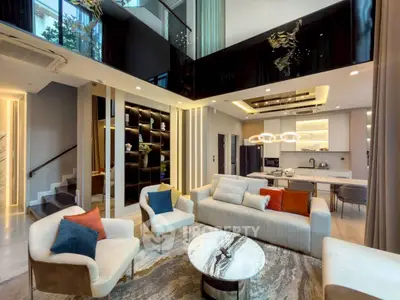 Luxurious modern living room with high ceilings and elegant decor