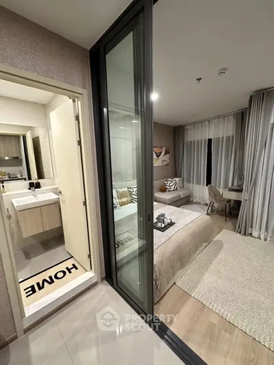Modern bedroom with ensuite bathroom and stylish decor