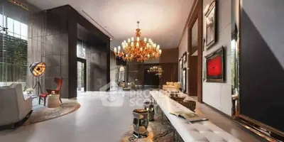 Luxurious modern living room with elegant chandelier and stylish decor