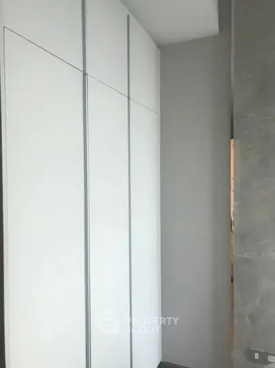 Modern minimalist storage space with sleek white cabinetry in a contemporary home.