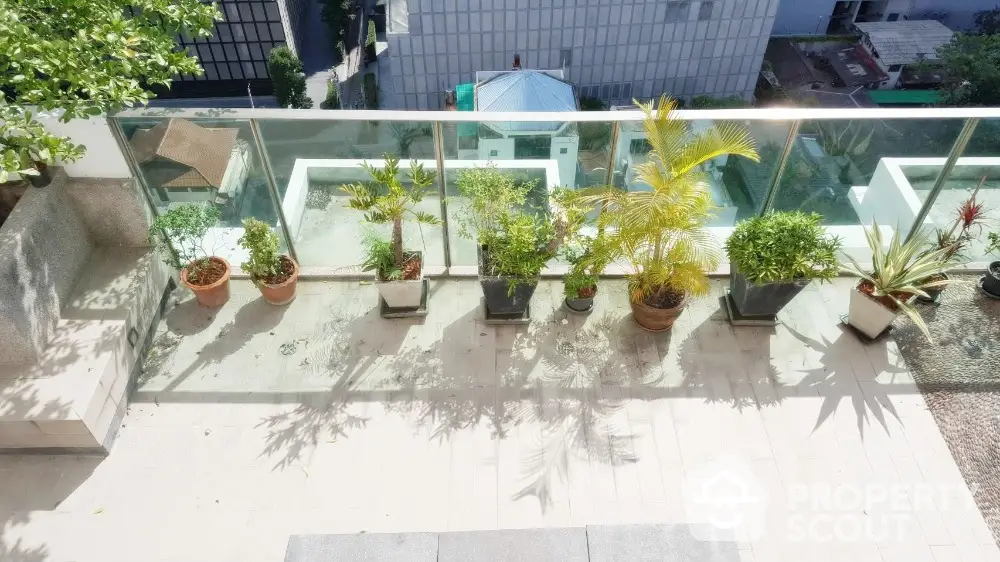 Spacious balcony with lush potted plants and glass railing offering city views