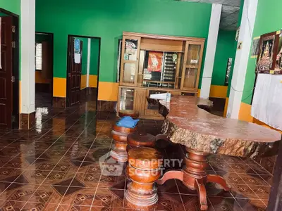 Spacious living room with unique wooden furniture and vibrant green walls
