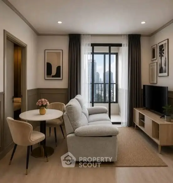 Modern living room with city view, stylish decor, and cozy seating area.