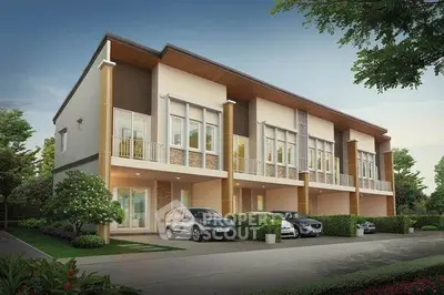 Modern townhouse exterior with multiple units and parking spaces in a serene neighborhood.