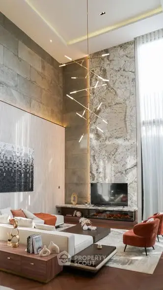 Luxurious modern living room with high ceiling and elegant lighting