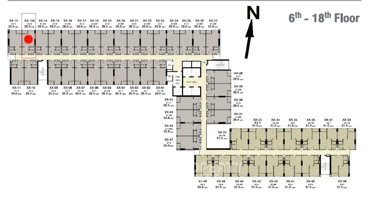 Detailed floor plan for 6th to 18th floor with unit layout and orientation.