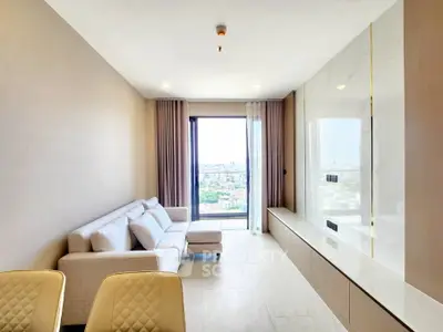 Modern living room with panoramic city view and elegant decor