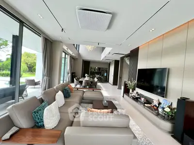 Luxurious modern living room with large windows and elegant decor, perfect for entertaining.