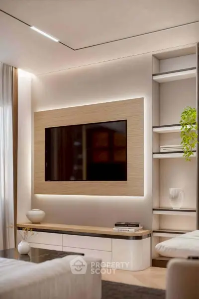 Modern living room with sleek TV setup and stylish shelving