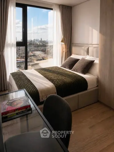 Modern bedroom with city view, featuring cozy bed and stylish decor, perfect for urban living.