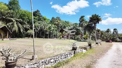 Expansive tropical estate with lush greenery and spacious grounds under a bright blue sky.