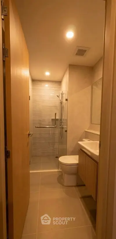 Modern bathroom with sleek design and spacious shower area