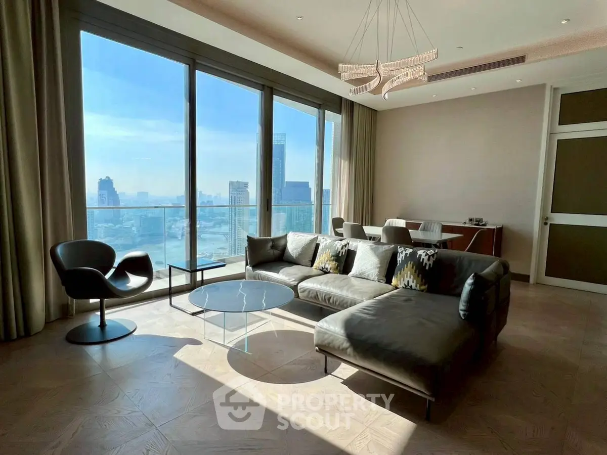 Luxurious living room with panoramic city view and modern furnishings