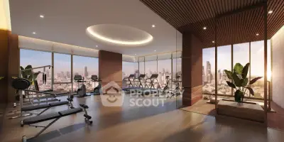 Luxurious high-rise gym with panoramic city views and modern fitness equipment.