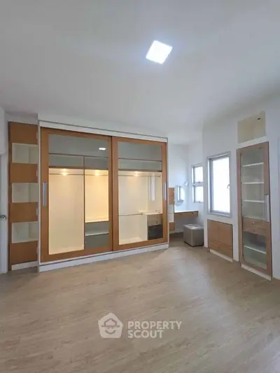 Spacious bedroom with modern built-in wardrobe and natural light