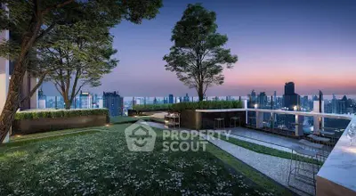 Stunning rooftop garden with panoramic city views at sunset, perfect for relaxation and entertainment.
