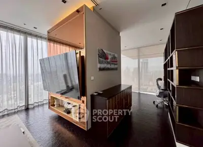 Luxurious modern living room with panoramic city views and stylish decor