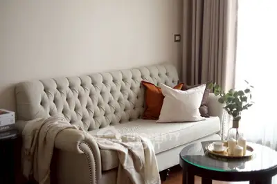 Elegant living room with tufted sofa and cozy decor