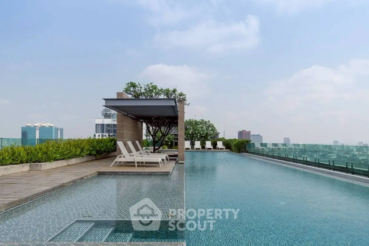 Luxurious rooftop pool with city skyline views and modern lounge area.