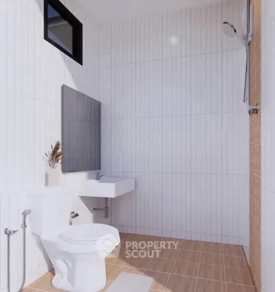 Modern bathroom with sleek fixtures and minimalist design, featuring a wall-mounted sink and stylish tiles.