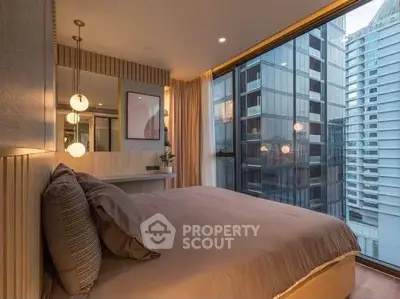 Luxurious bedroom with modern decor and stunning city view from large windows.