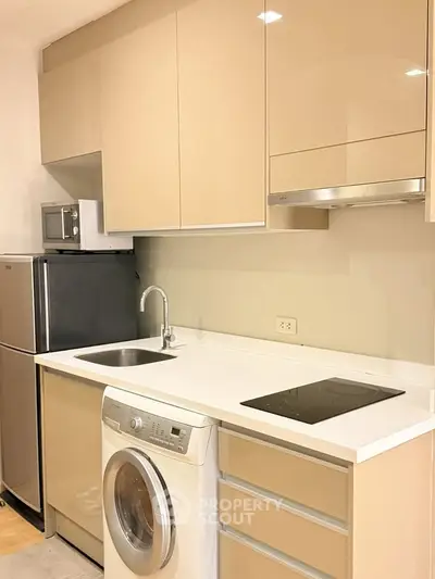 Modern kitchen with sleek cabinetry, washing machine, and built-in appliances for efficient living.