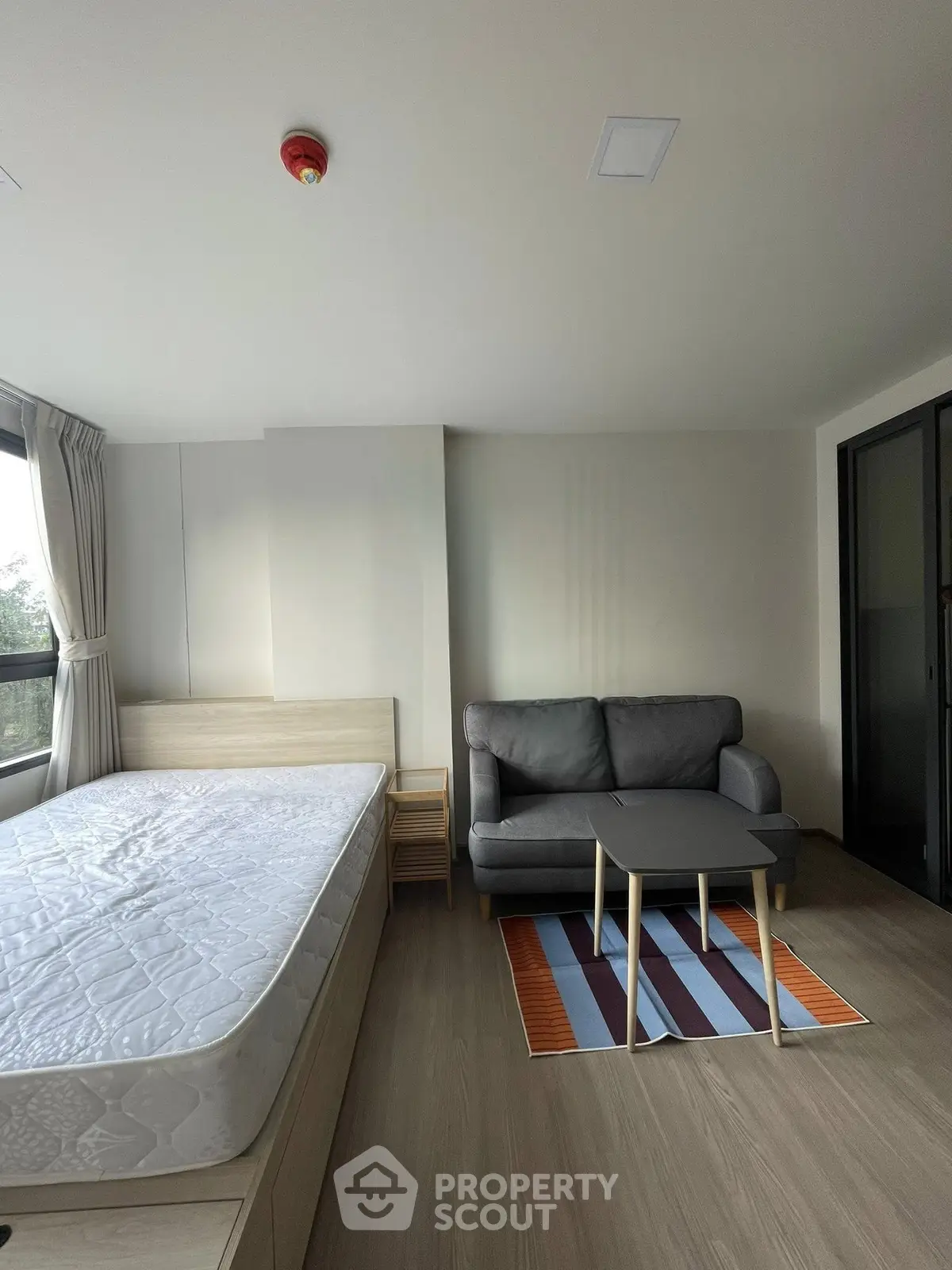 Modern studio apartment with cozy living area and natural light