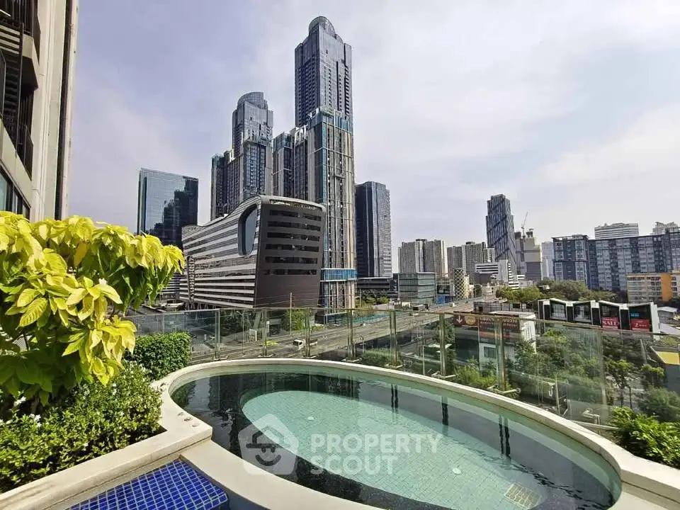 Stunning city view from rooftop pool with modern skyscrapers
