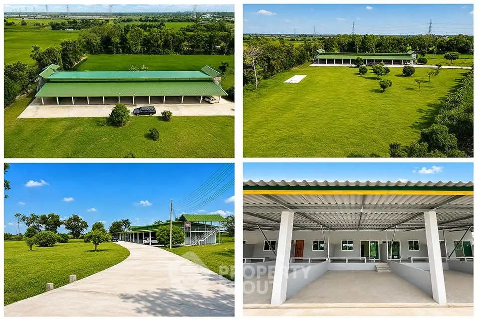 Expansive green property with modern building and spacious driveway