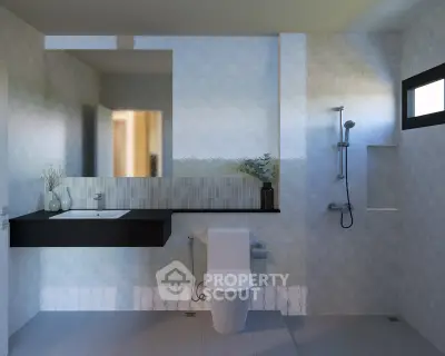 Modern bathroom with sleek fixtures and minimalist design, featuring a floating vanity and walk-in shower.