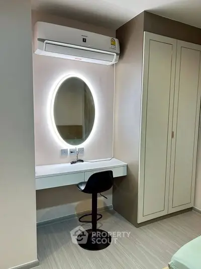 Modern bedroom corner with sleek vanity, illuminated mirror, and built-in wardrobe, perfect for stylish living.