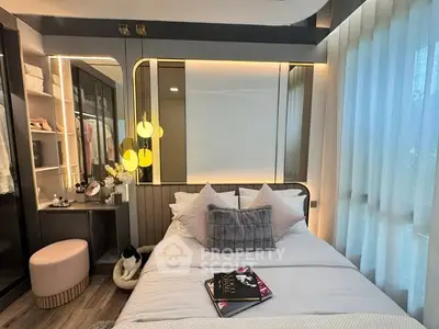 Luxurious bedroom with modern decor, ambient lighting, and elegant furnishings, perfect for relaxation and comfort.