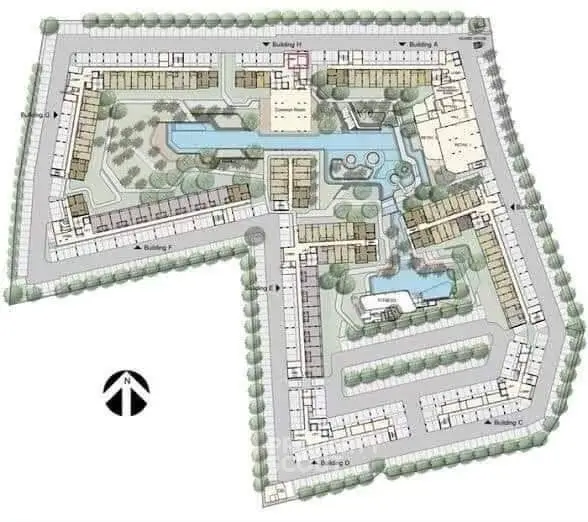 Detailed schematic plan of a modern residential complex with landscaped gardens and water features.