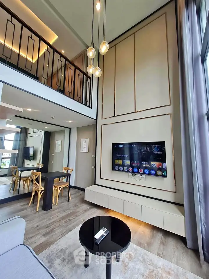 Modern duplex living room with high ceilings and stylish decor