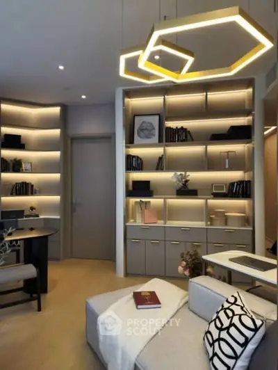 Modern living room with stylish shelving and geometric lighting