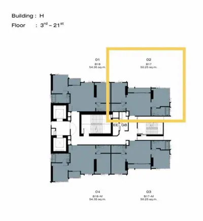 Floor plan of Building H, units 3rd to 21st floor, highlighting unit 02.