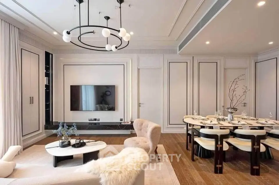 Luxurious modern living room with elegant dining area and stylish decor
