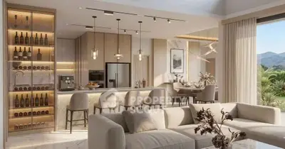 Luxurious open-plan living room and kitchen with elegant decor and stunning outdoor view.